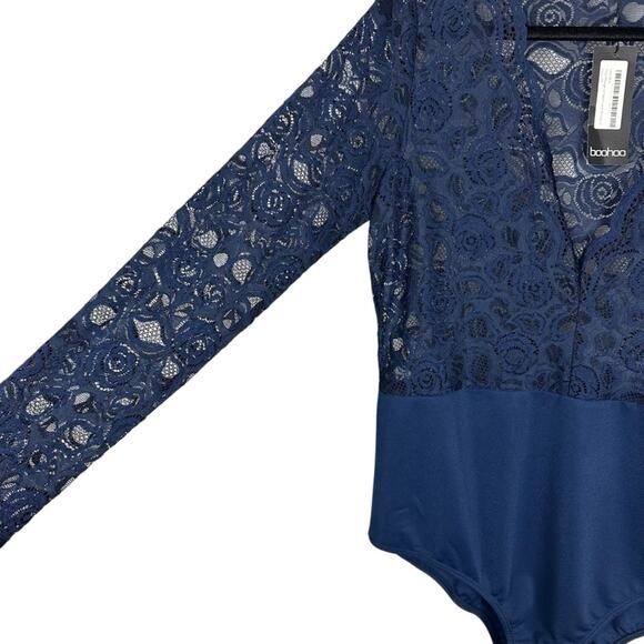 Boohoo Navy Blue  Plunge V Neck Lace Long Sleeve Bodysuit Size 14 - Picture 10 of 10
